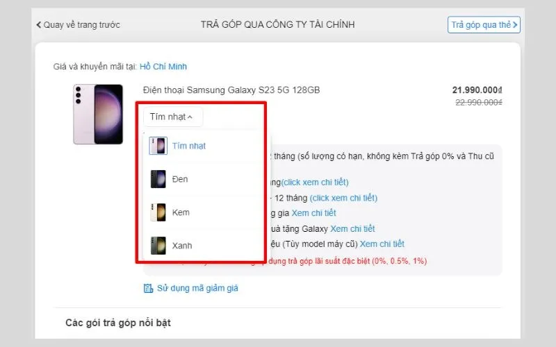 Lựa chọn màu sắc của sản phẩm