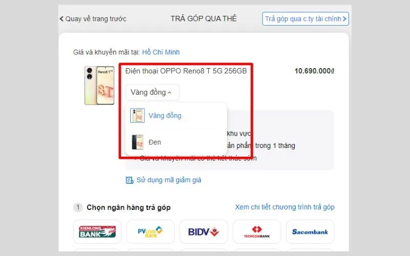 Lựa chọn màu sắc của sản phẩm