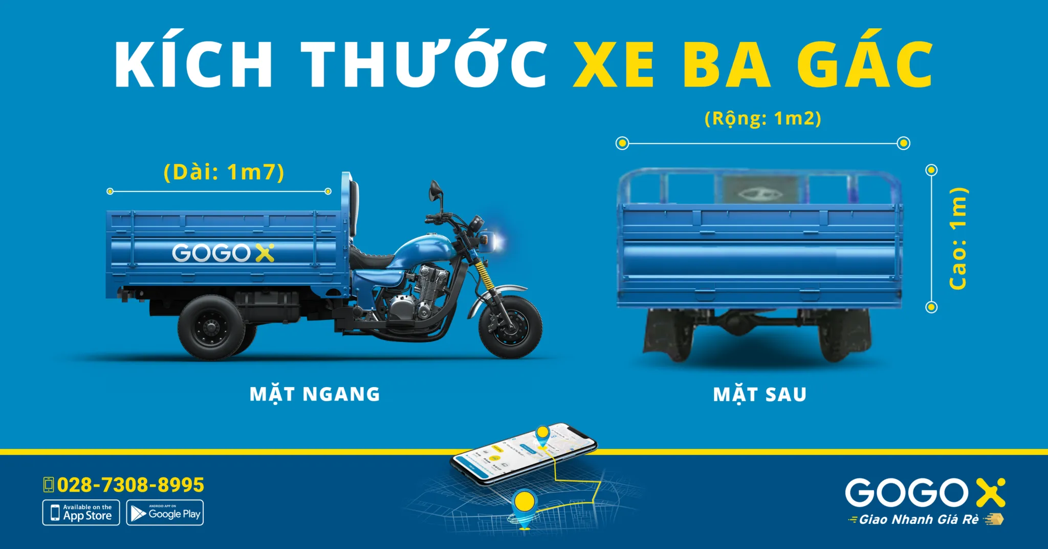 Thông số kích thước thùng xe ba gác chở hàng tiêu chuẩn