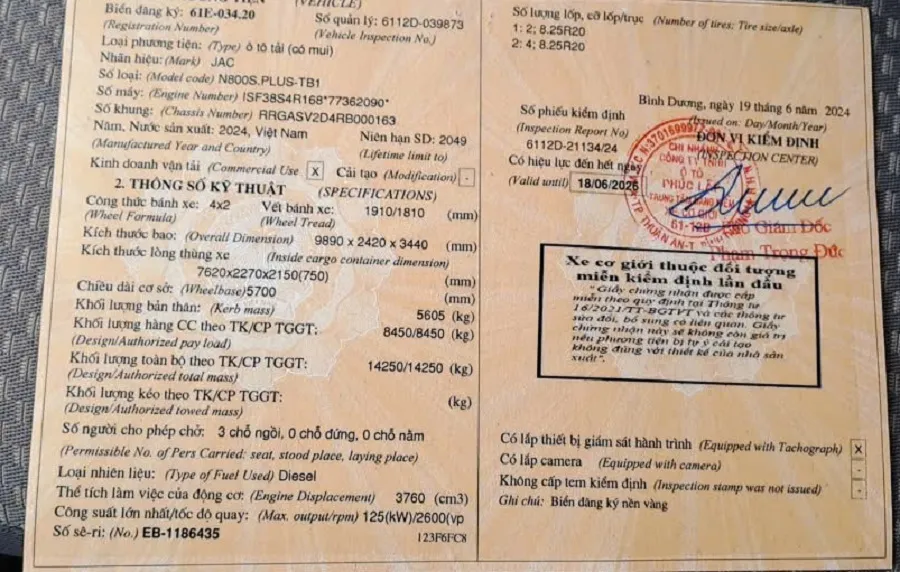 Sổ đăng kiểm xe tải JAC N800s đời 2024