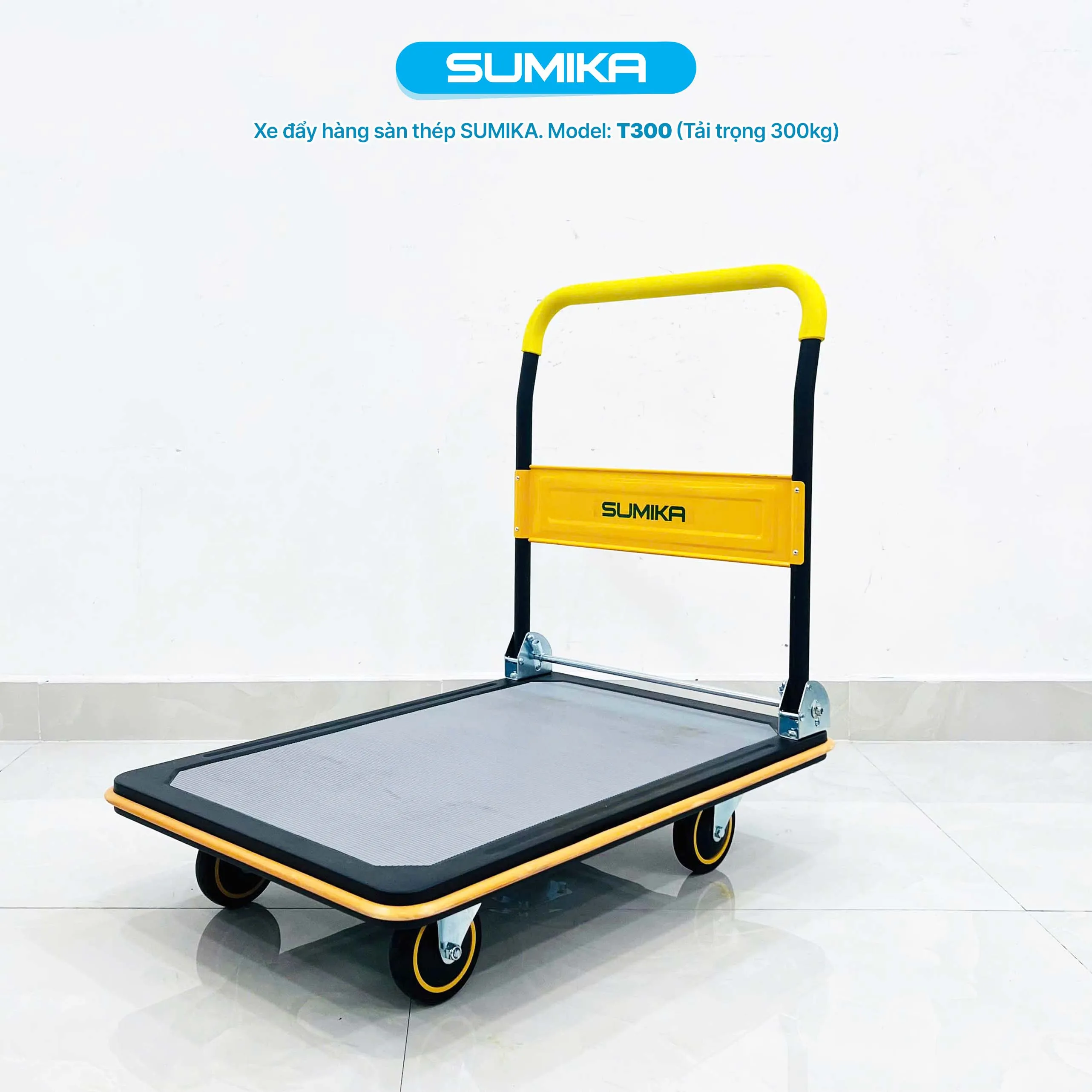 Hình ảnh thực tế xe đẩy hàng sàn thép Sumika T300 tại kho bãi