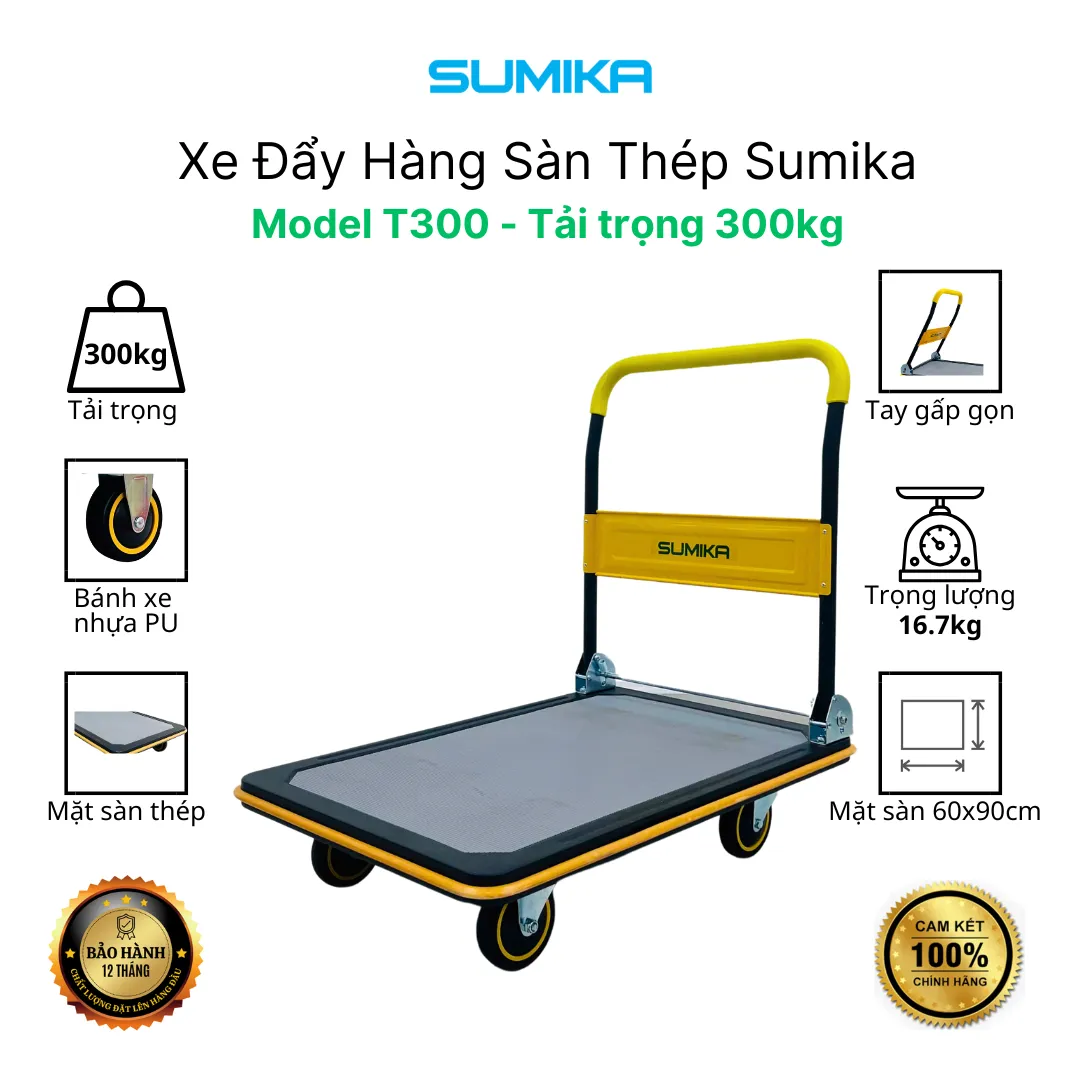 Cận cảnh bánh xe và khung gầm xe đẩy hàng Sumika T300